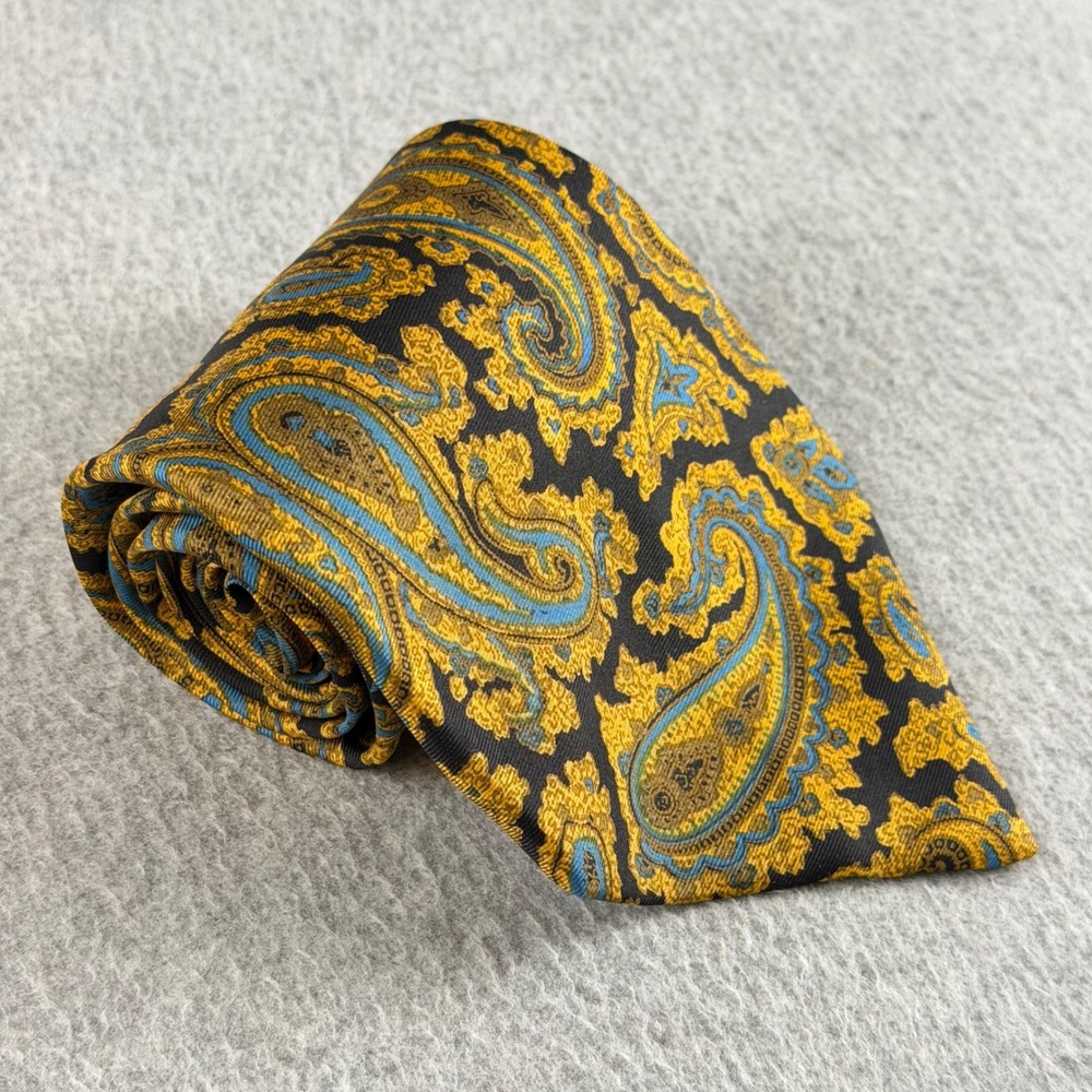 Vintage Liberty of London Silk Tie Gold Blue Paisley Handmade England 70s 56x4.5